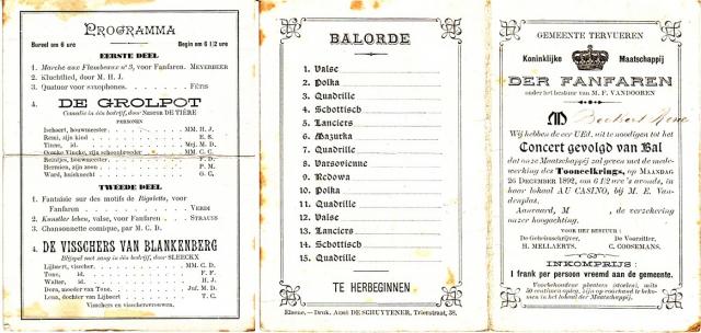 Programmaboekje voor een teerfeest in 1892, georganiseerd door de Koninklijke Maatschappij der Fanfaren uit Tervuren, met medewerking van de Toneelkring. In aansluiting bij de variétécultuur was de combinatie concert – klucht – bal typisch voor dergelijke teerfeesten. Het balboekje dat te zien is op de afbeelding toont een mooie afwisseling tussen koppel- en gemeenschapsdansen