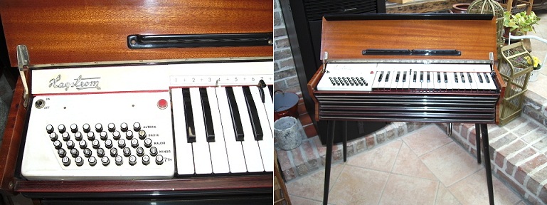 Vooraanzicht en detail van een stand-up accordion, een product van de firma Hagström, met zowel de ‘normale’ klaviertoetsen (rechts) als akkoordknoppen (links)