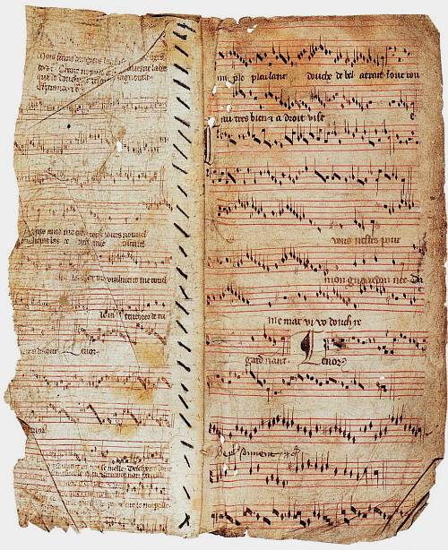 Muziekfragment met midden rechts een chanson van Guillaume de Machaut: [S]e vous n'estes (ca. 1375, Tongeren, Stadsarchief, fonds begijnhof, 490)