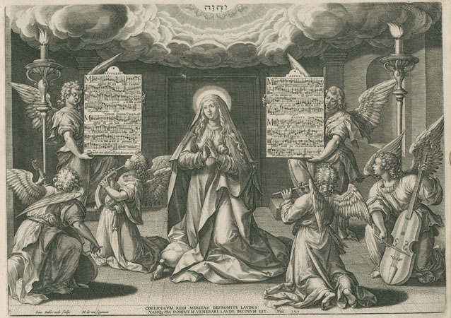 Lofzang van de heilige Maria door musicerende engelen, Johann Sadeler (I) (graveur), naar Maarten de Vos, Cornelis Verdonck (componist), 1585 (Prentenkabinet Museum Plantin Moretus, Antwerpen)
