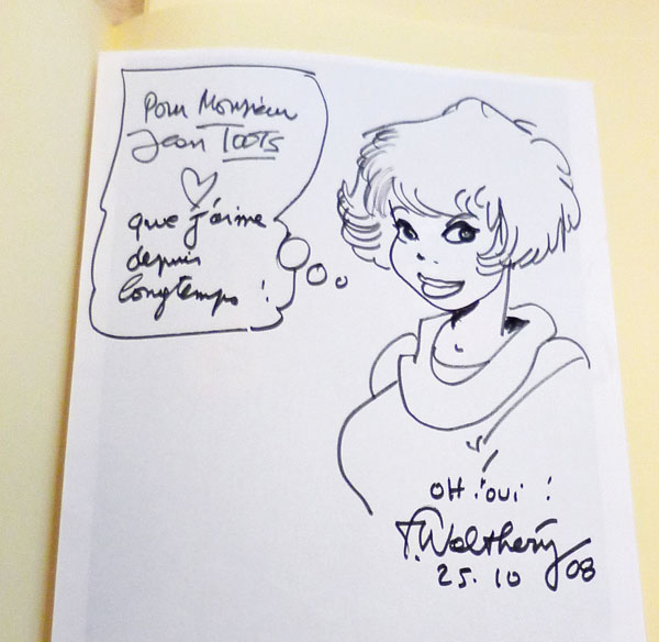 Ook stripfiguur Natacha (François Walthéry) is fan van Toots (uit: fonds Toots Thielemans, Koninklijke Bibliotheek)